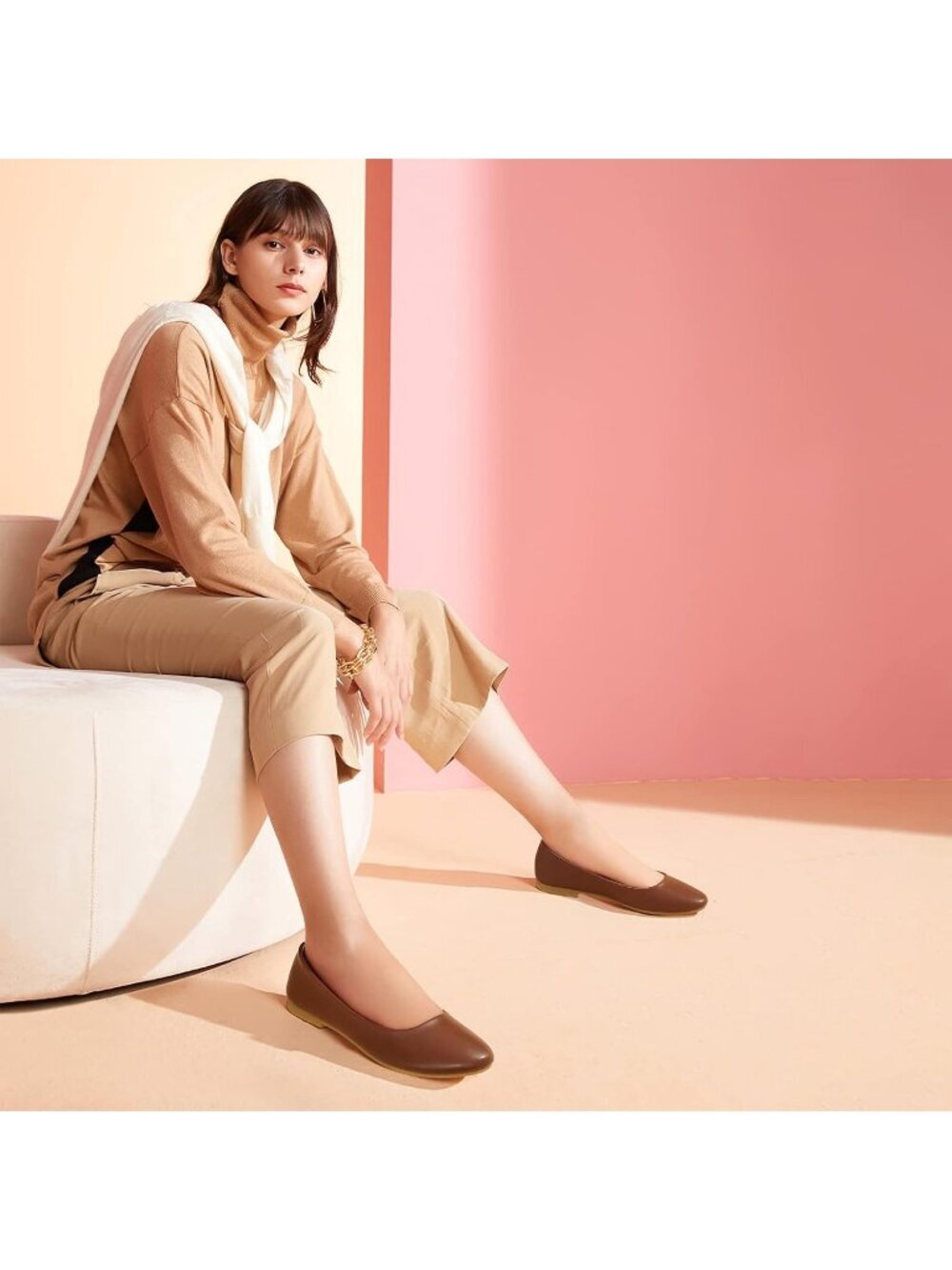 Women's Brown Comfortable PU Leather Round Toe Solid Slip on Ballet Flat Shoes - Picture 3 of 6